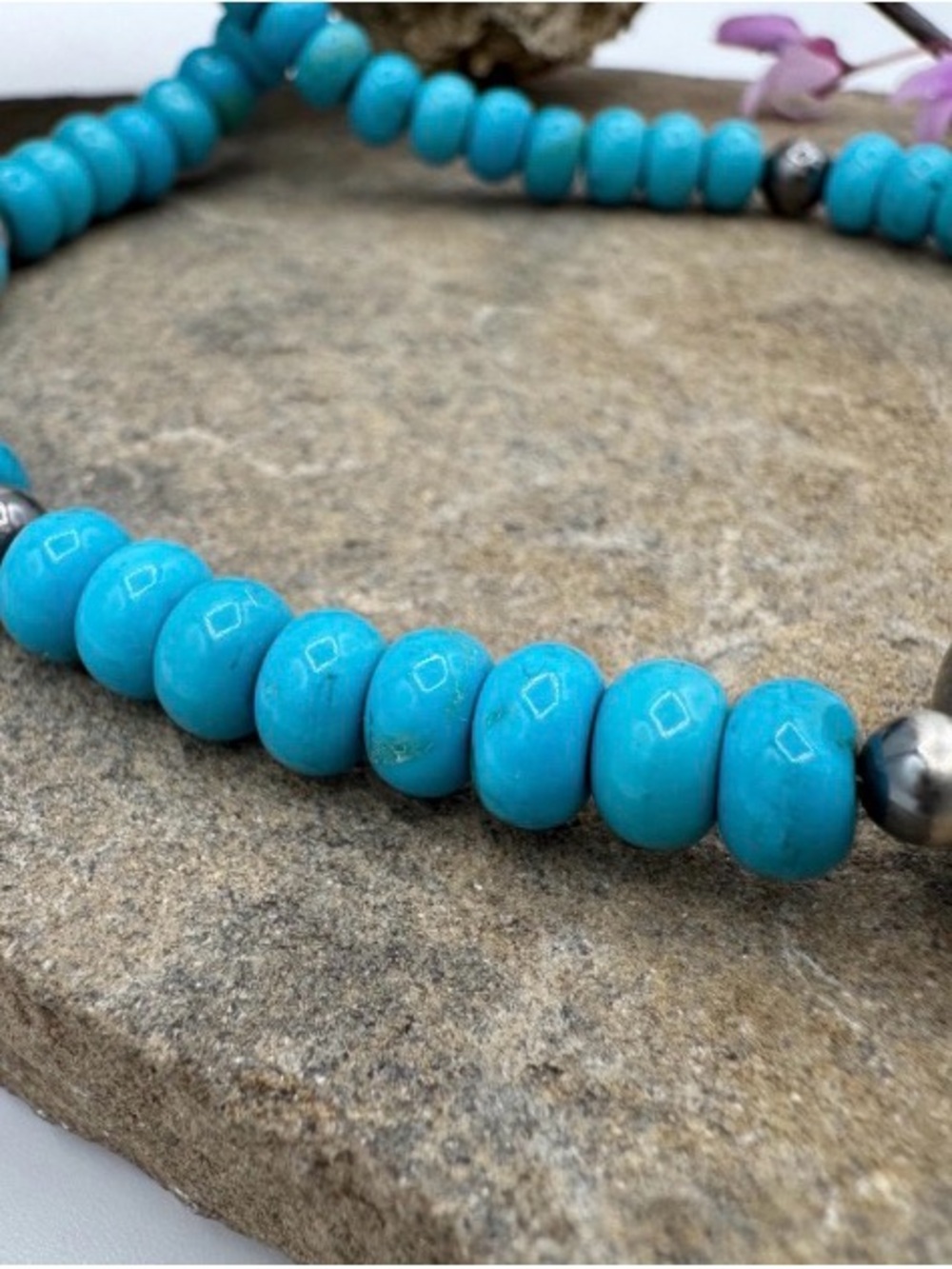 Turquoise + Navajo Pearl Beaded Necklace, Sterling Silver (T26) - Picture 4 of 4